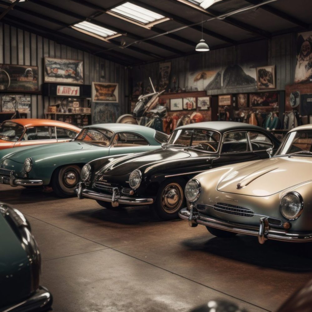 A vintage car shop with classic cars